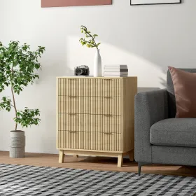 4-Drawer Fluted Dresser — Gold Finger Pulls, Wood Legs, Natural Wood Effect | 27.6"W × 32.7"H