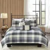 6-Piece Reversible Herringbone Quilt Set — Buffalo Plaid, Channel Quilting, Hand-Embroidered Pillows | King & Cal King