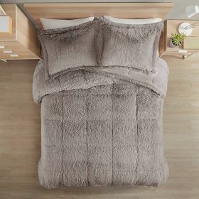 Full/Queen Grey Sherpa Faux Fur 3-Piece Comforter Set — Shaggy Long Fur, Plush Reverse, Hypoallergenic, Oeko-Tex Certified
