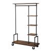 Industrial Metal Pipe Garment Rack with Wood Storage Shelves on Wheels — 5-Shelf Organizer, 198 lb Total Capacity, Rustic Brown