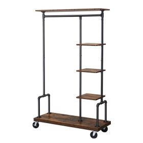 Industrial Metal Pipe Garment Rack with Wood Storage Shelves on Wheels — 5-Shelf Organizer, 198 lb Total Capacity, Rustic Brown