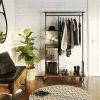 Industrial Metal Pipe Garment Rack with Wood Storage Shelves on Wheels — 5-Shelf Organizer, 198 lb Total Capacity, Rustic Brown