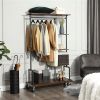 Industrial Metal Pipe Garment Rack with Wood Storage Shelves on Wheels — 5-Shelf Organizer, 198 lb Total Capacity, Rustic Brown