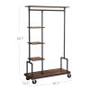 Industrial Metal Pipe Garment Rack with Wood Storage Shelves on Wheels — 5-Shelf Organizer, 198 lb Total Capacity, Rustic Brown