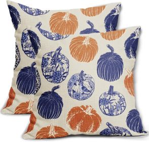Blue Orange Pumpkin Fall Pillow Covers 20x20 Set of 2 Chinoiserie Autumn Thanksgiving Grandmillennial Decorative Throw Pillows Outdoor Farmhouse