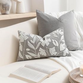 BlissBlush Grey Velvet Decorative Lumbar Throw Pillow Cover 12X20, Light Gray Floral Tufted Soft Farmhouse Textured Pillowcase