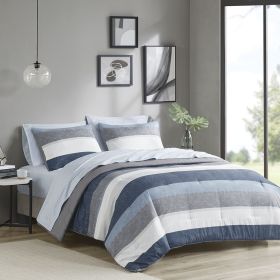 Twin Comforter Set With Bed Sheets — Grey Navy Blue Stripe, Solid Grey Reverse, Sheets Included, Oeko-Tex, Hypoallergenic | $70.99