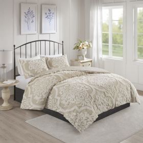 3 piece Tufted Cotton Chenille Damask Comforter Set