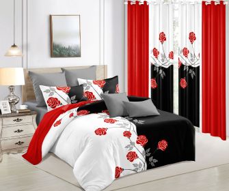 9 Piece in a Bag Thick Touch Bed Cover Curtain Set, Upgraded Luxury Bedspread Set, Bamboo microfiber All Season Bedding-Set For Home, RV Beding (Color: black/white red flower, size: Queen)