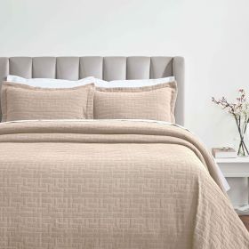 Madrid Cotton Matelassé Bedspread Set — Geometric Pattern, Raised Woven Texture, Oeko-Tex Certified | From $124.28 (Color: Beige, size: FULL)