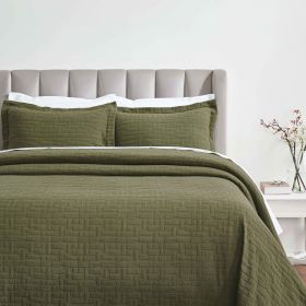 Madrid Cotton Matelassé Bedspread Set — Geometric Pattern, Raised Woven Texture, Oeko-Tex Certified | From $124.28 (Color: Olive Green, size: Queen)